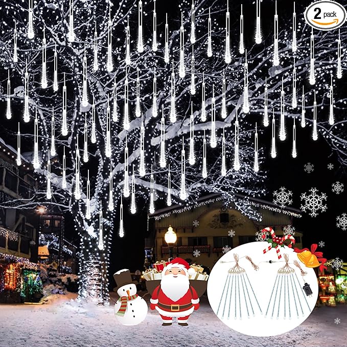 2-Pack Christmas Decorations Lights Outdoor, Total 384LED Meteor Shower Lights Rain Drop Light 30cm 16 Tubes Indoor Outdoor Snow Cascading String Light for Xmas Tree Roof Party Garden (Cool White)