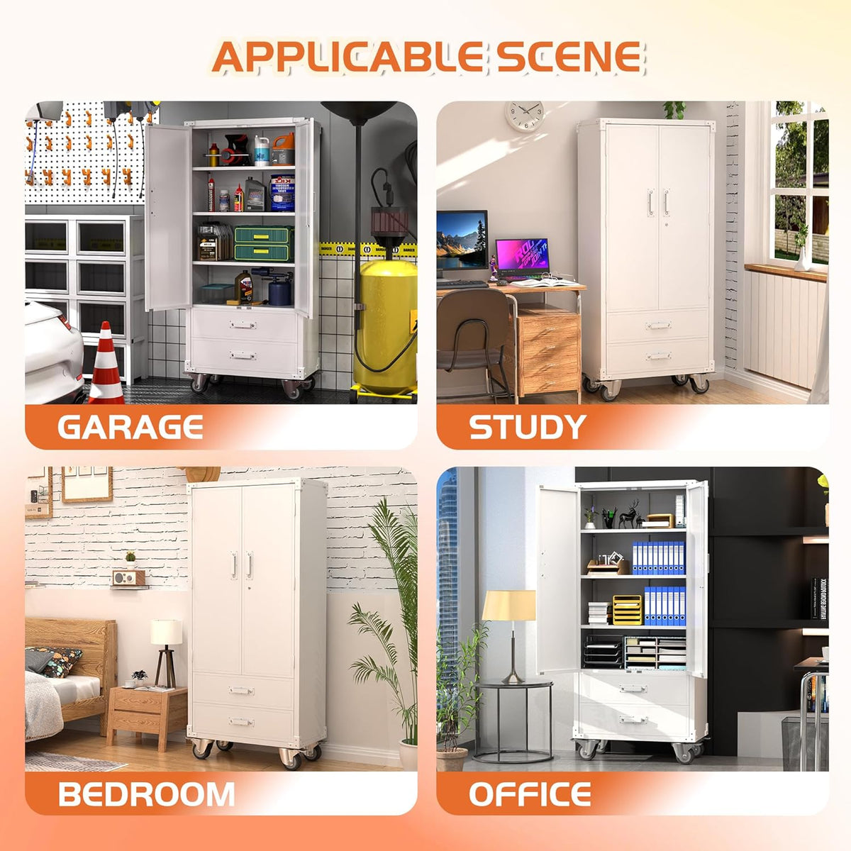 Metal Storage Cabinet with 2 Drawers, Garage Tool Cabinet on Wheels for Home Office,Assembly Required,White