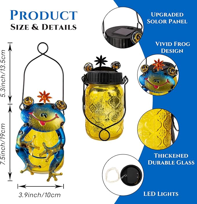 2 Pack Frog Solar Lantern,Jar Solar Lanterns Outdoor Waterproof Frog Hanging Solar Lantern,Outdoor Solar Lanterns with String Light for Garden Table Decor