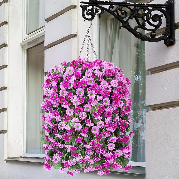 Hanging Baskets Artificial Flowers for Outdoor Interior Decor, Artificial Daisies Flowers Shrubs Plants with Baskets for Home Porch Garden Patio Spring Summer Decoration(Double Lotus)