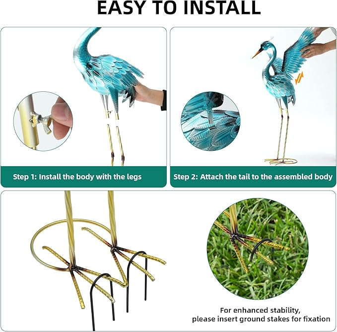 36.75" Metal Crane Garden Statue - Handmade Oversize Heron Sculptures with Stable Ground Stakes, Backyard Large Bird Decoration, Metal Garden Art.