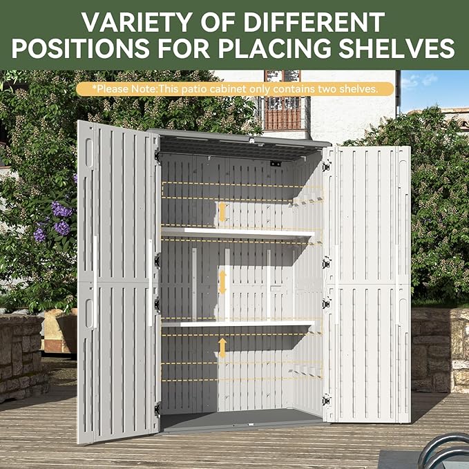 Aoxun White Resin Outdoor Storage Shed with 2 Shelves & Floor, 64 Cu.Ft Vertical Waterproof Cabinet for Garage, Pool, Bike, Garden Tools, Patio Furniture