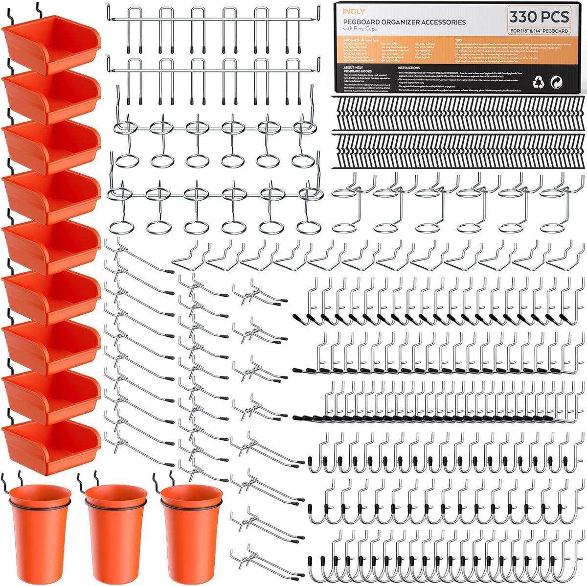 INCLY 330PCS Upgraded Pegboard Accessories Organizer Kit, Peg Board Hooks Assortment with Bins & Cups for Organizing Tools, Fit 1/8 or 1/4 inch Pegboard for Garage Workshop Wall Hanging Tools