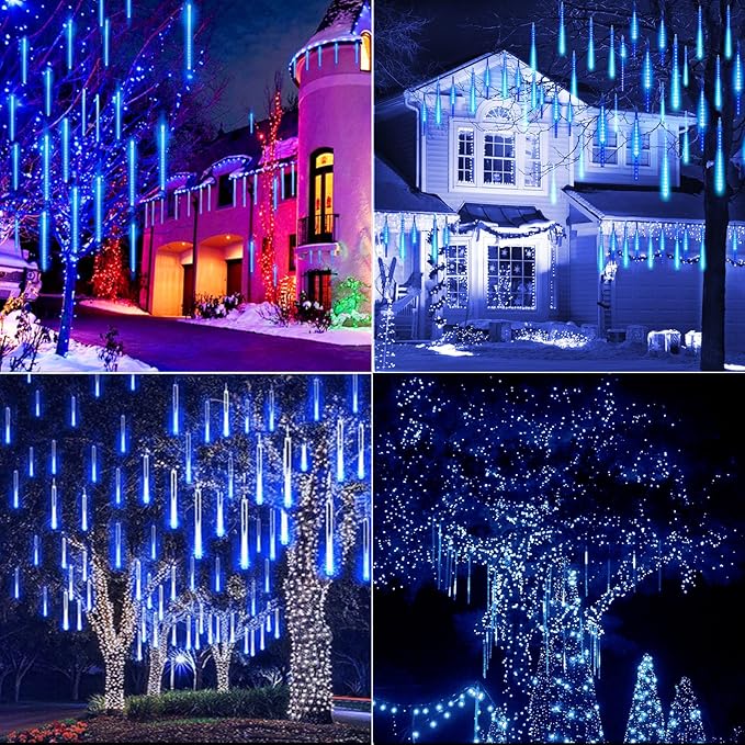 Christmas Lights Solar Powered, Meteor Shower Lights Outdoor, 16 Inches 8 Tube 288 LED Solar Meteor Lights for Tree Wedding Xmas Holiday Party Patio Decoration, Bule