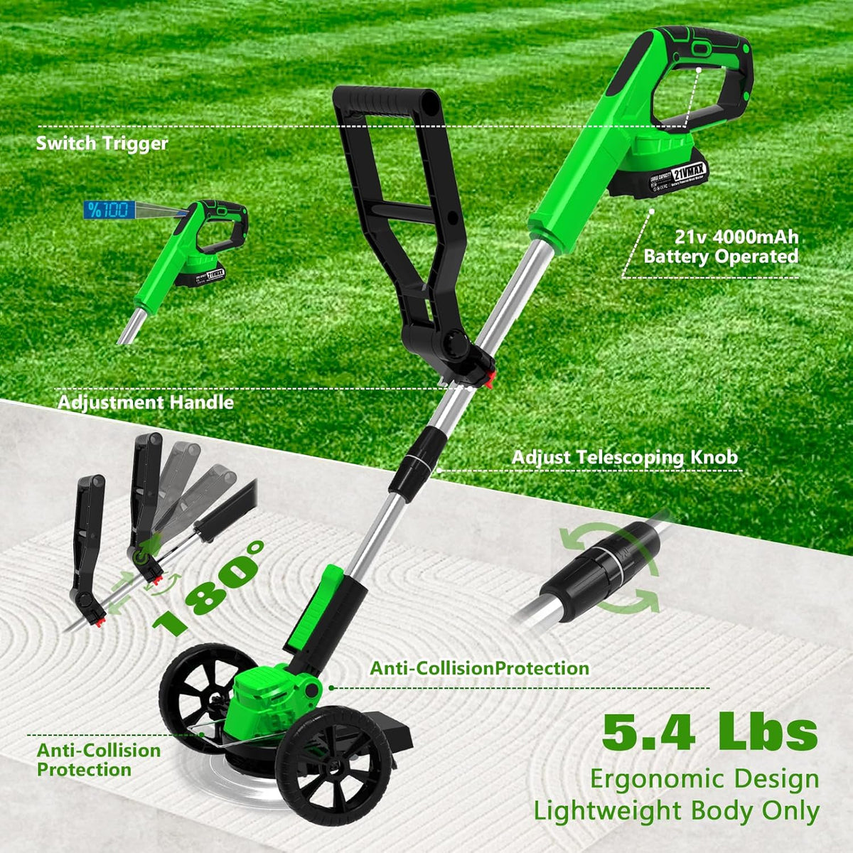 Electric Weed Wacker Eater Cordless Battery Powered, Weed Trimmer 21V Lightweight No-String with 2 Battery Operated & Wheels, 3 in 1 Stringless Grass Trimmer/Edger/Brush Cutter for Garden Yard Lawn