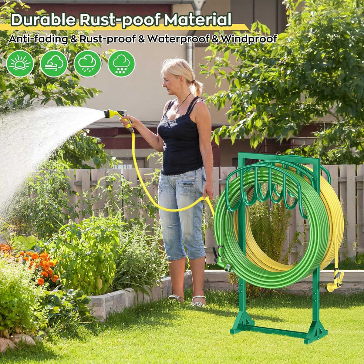 Garden Water Hose Holder Holds 2 * 150Ft Hoses, Heavy-Duty Metal Freestanding Hose Holder with 4 Spikes, Rustproof Garden Hose Hanger Storage for Outside, Yard, Lawn