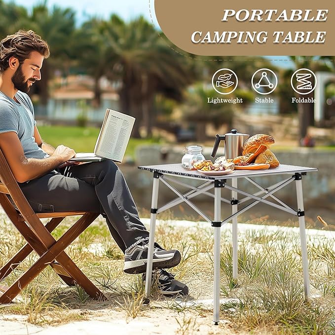Athena Collection Foldable Camping Table, 28" Small Aluminum Outdoor Folding Camp Table with Roll Up Tabletop and Carry Bag, Lightweight and Portable for Outdoor Camping Picnic Grilling, Silver