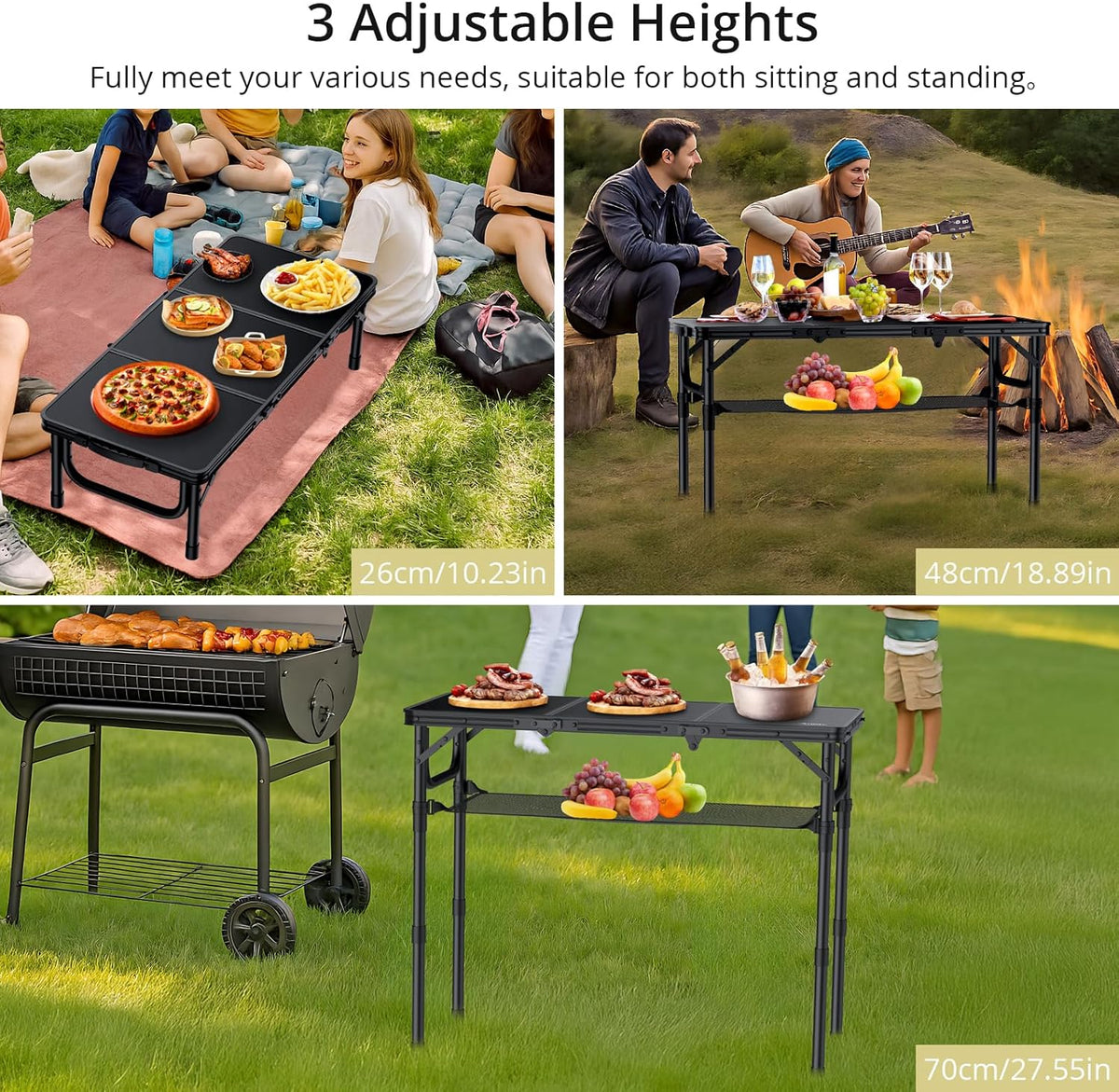 Folding Camping Table with Storage Net, 3ft Camping Table Aluminum Folding Table with 3 Adjustable Height Max 27.5 Inch Picnic Table Portable Table for Outdoor Backyard BBQ, Pure Black