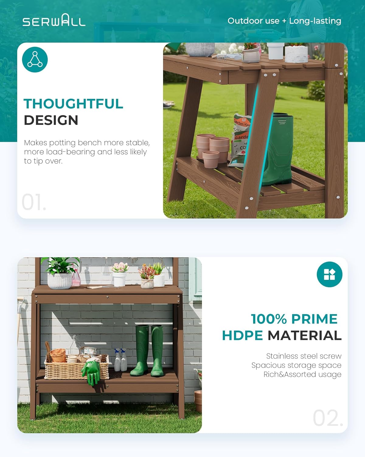 SERWALL Potting Bench Outdoor with Storage Set of 2, 3-Tier HDPE Gardening Table with Angled Legs & Tool Hooks, All-Weather Heavy Duty Potting Table for Patio, Backyard, Garden, Brown
