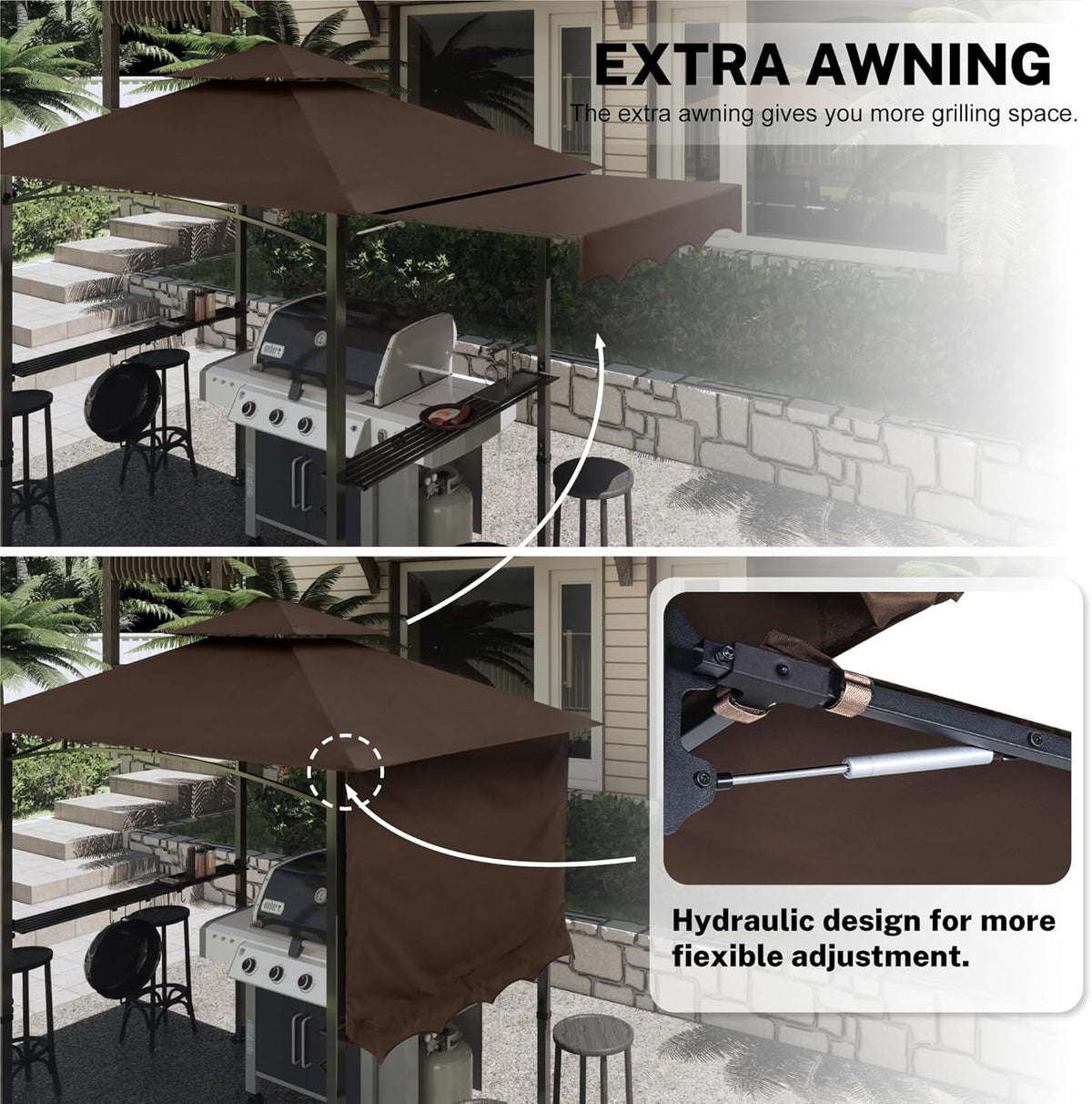 MASTERCANOPY 11 x 5 Grill Gazebo with Extra Side Awning Outdoor BBQ Gazebo with 2 LED Lights for Patio Party Backyard Picnic(Brown)