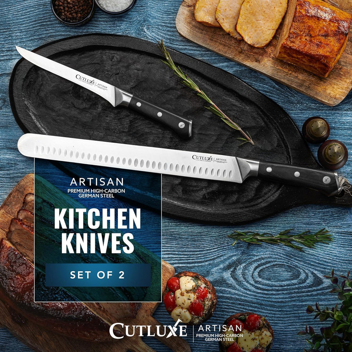 Cutluxe BBQ Carving Knife Set – Brisket Slicing and Boning Knife for Meat Cutting – Professional Knife with Razor Sharp German Steel, Full Tang, Ergonomic Handles – Artisan Series
