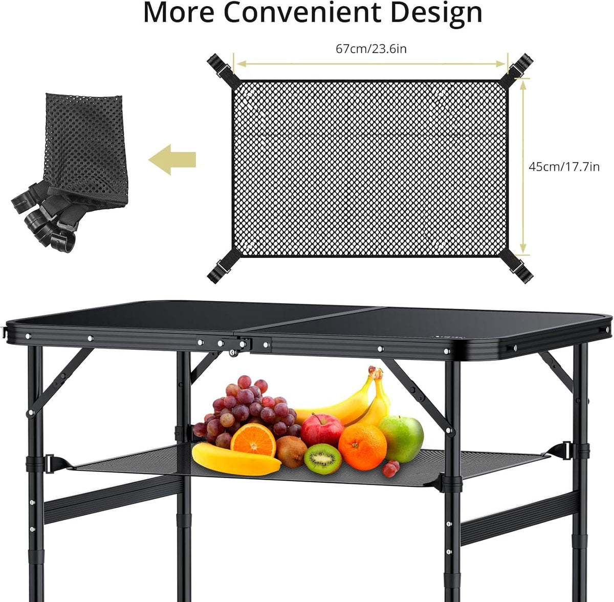 Folding Camping Table, 36" x 24" Portable Table Adjustable Height Max 28 inch Aluminum Folding Table with Storage Net, Lightweight, Portable Handle for Travel, Outdoor, Backyard (Black)