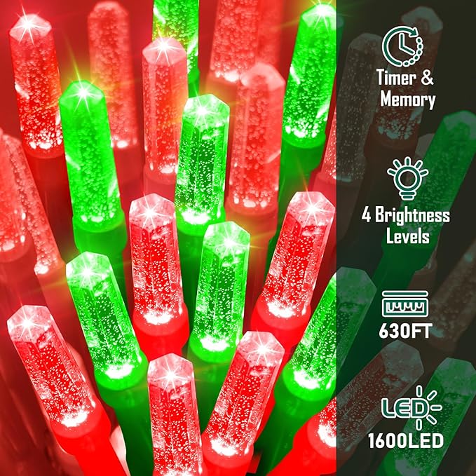 Heceltt 1600 LED 630 FT String Lights Outdoor, 8 Modes Christmas Lights Plug in, Waterproof Led String Lights with Timer and Memory for Christmas Home Party Tree Decorations (Red and Green)