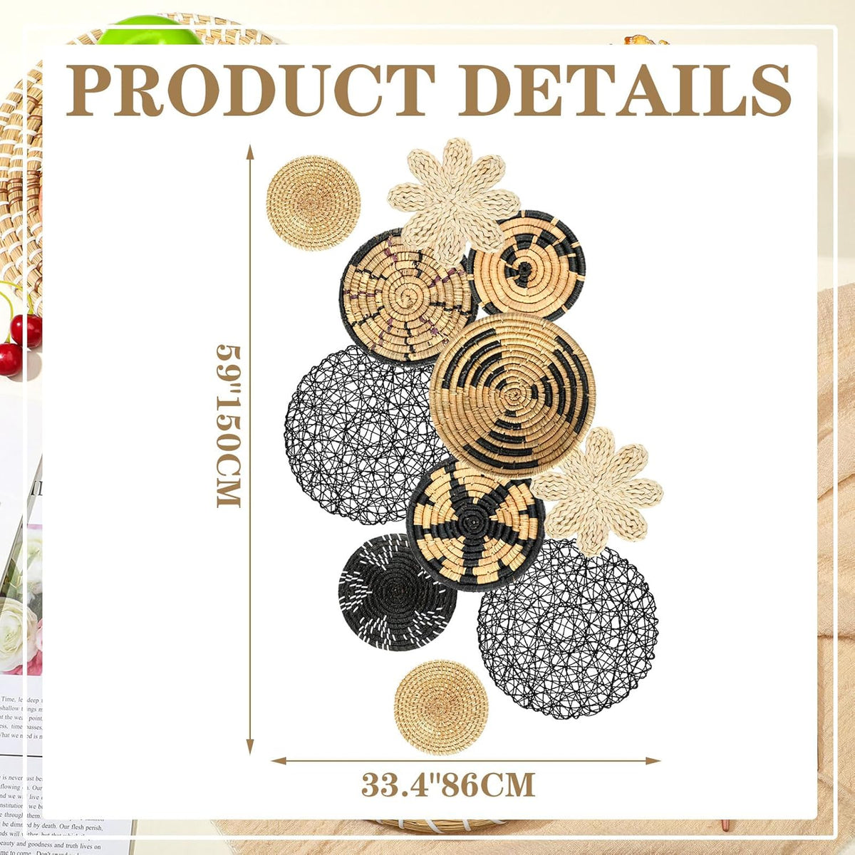 Tatuo 11 Pcs Boho Wall Basket Decor Decorative Bulrush Woven Basket Wall Decor Art Round Farmhouse Hanging Baskets for Kitchen Rustic Home Summer Decorations, Multi Sizes(Fresh)