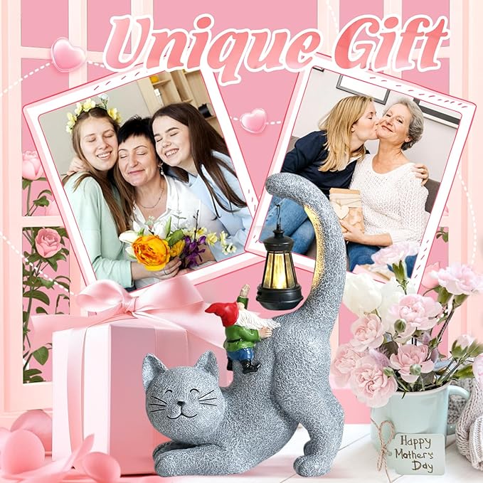 Cat Statue Garden Decor with Funny Gnome Figurine & Solar Lantern, Motherday Gifts for Mom,Birthday Gift for Women,Cat Statues for Garden,Patio,Yard Decoration, Gray, SR-C-003