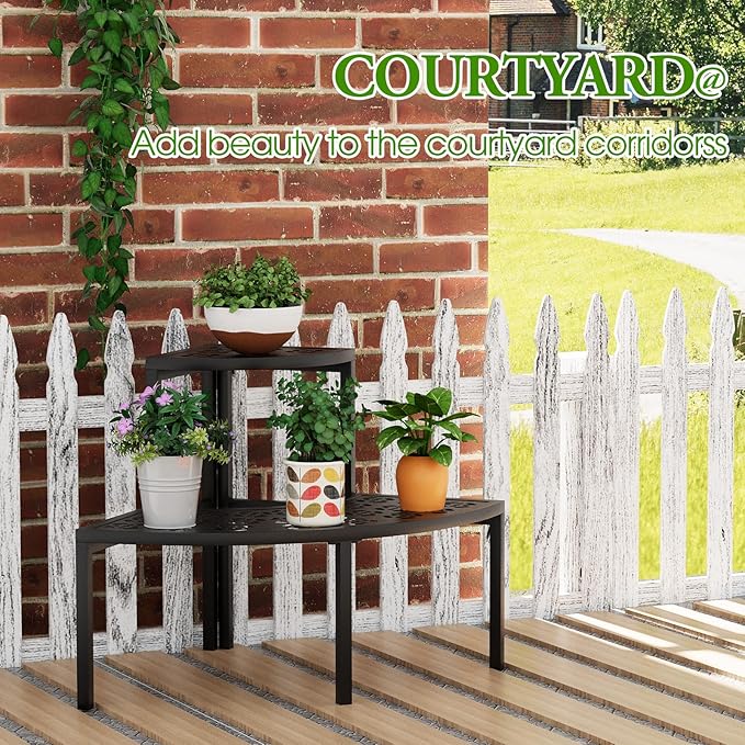 aboxoo 2 Tier Plant Stand Flower Pot Rack for Patio,Metal Stair-Step Style Corner Shelf Planters,Hevay Duty Plant Stand,Quarter Round Display Holder for Indoor Outdoor Use(Black)