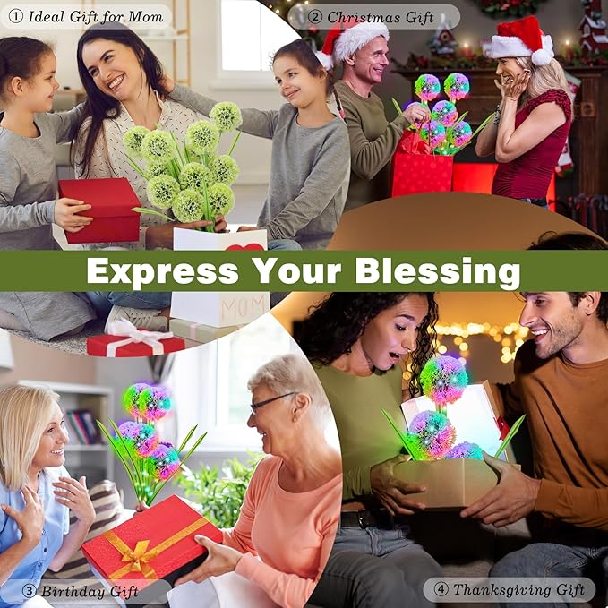 4 Pack Solar Garden Lights, Solar Flowers Lights with 4 Blooming Dandelion Flowers, Waterproof Solar Lights Outdoor for Yard Porch Patio Backyard Pathway Gardening Gifts, 2 Lighting Modes