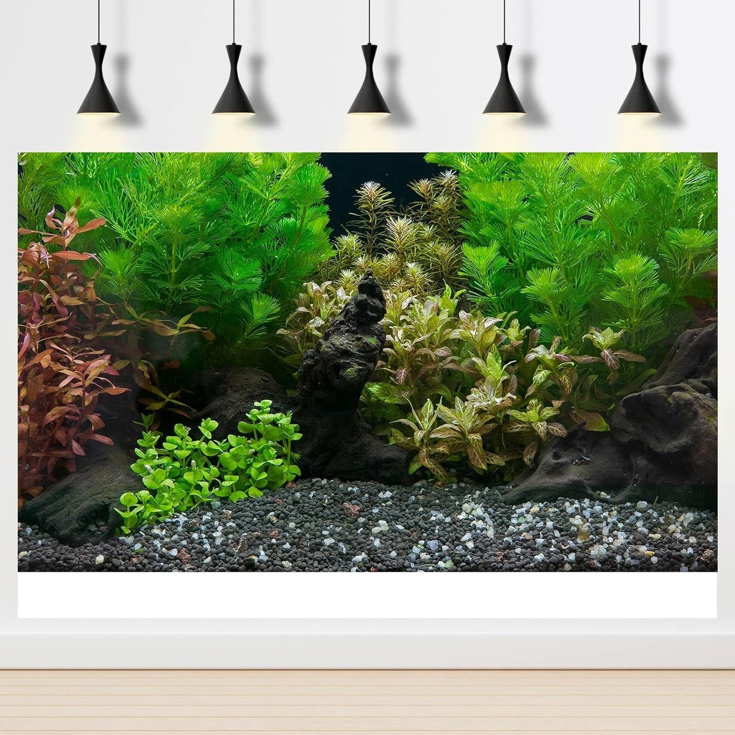 Aquarium Background Exquisite Underwater Grass Leaves with Pebbles Fish Tank Background Vivid Green Aquatic Plant Stone with Dead Woods Leaves Terrarium Wallpaper 30x12in