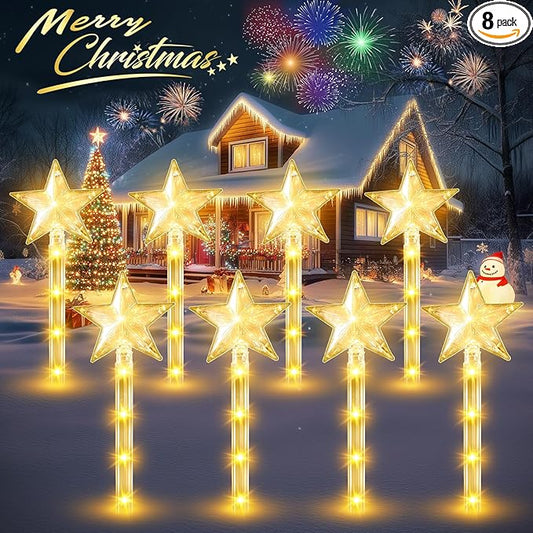 Christmas Decorations Solar Lights Outdoor: 8 Pack 64 LED Solar Christmas Lights Outdoor Waterproof, 8 Warm White Lighting Modes Christmas Pathway Lights Xmas Decor for Outside Yard Garden Backyard