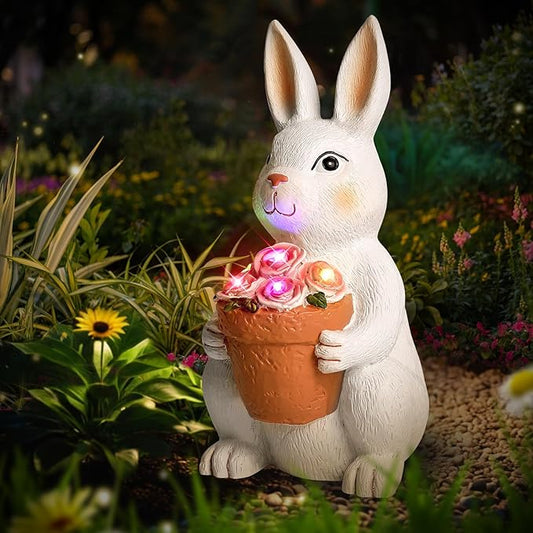 Brightever Solar Powered Outdoor Garden Statues- Rabbit with Flowers and 5 Colorful LED Lights, 11.8IN Outdoor Figurine Lights, Solar Garden Bunny Statue for Easter Decor, Gifts for Mom, Housewarming
