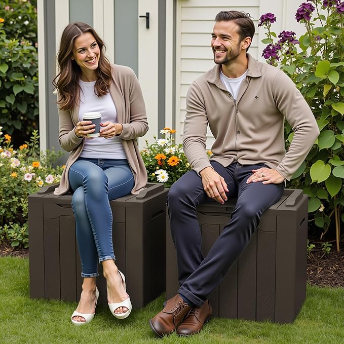 Greesum 31 Gallon Deck Box for Outside, All Weather Outdoor Storage Boxes for Patio Furniture Set, Package Delivery Box, Garden Tools, Brown(Set of 2)