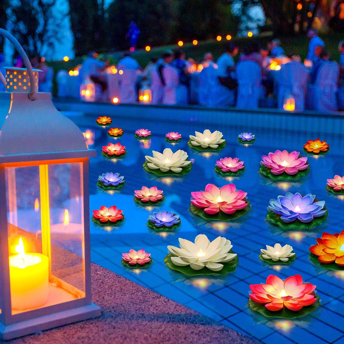 Liliful 24 Pcs Diwali Lotus Decoration Pool Floating Lights, Artificial Flowers Lotus with LED,Lily Pads Water Lantern for Indian Puja Home Decoration(3.94 Inch, 5.91 Inch,Colorful)