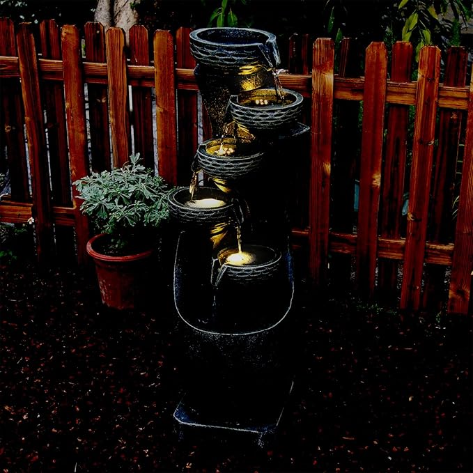 35.83''H Indoor Outdoor Modern Water Fountain 6-Tiers Garden Cascading Fountains Curve Shape Floor Standing Waterfall Water Feature with LED Light for Yard Deck Patio Home Art Decor