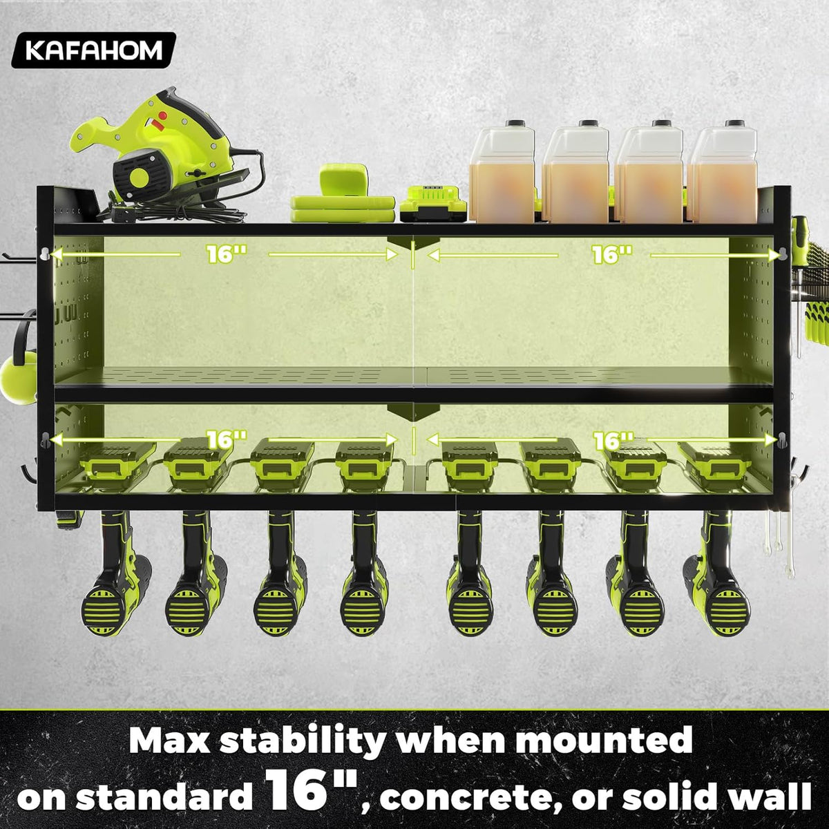 KAFAHOM Power Tool Organizer，Large 8 Drill Holder Wall Mount with 2 Side Pegboards,Metal Tool Shelf with 12 Hooks，Storage Rack for Garage Organization，Utility Cordless Drill Holder - Black