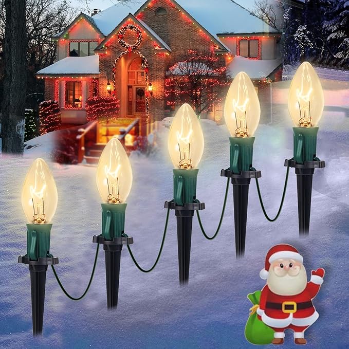 C9 Christmas Pathway Lights, 38FT Clear Christmas Pathway String Lights with 25 Incandescent Bulbs and Stakes for Outdoor Walkway Driveway Backyard Christmas Decorations, Warm White