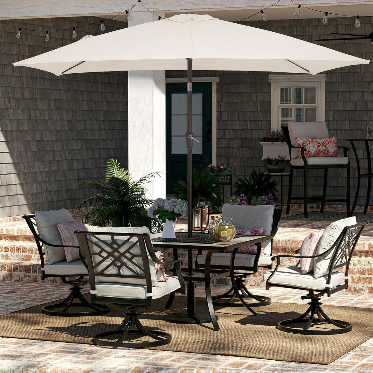 JEAREY 6.5x10 ft Rectangular Patio Umbrellas Outdoor Market Umbrella with Push Button Tilt and Crank, Rectangle Table Umbrella 6 Sturdy Ribs UV Protection for Pool Garden Backyard Deck, Cream-White