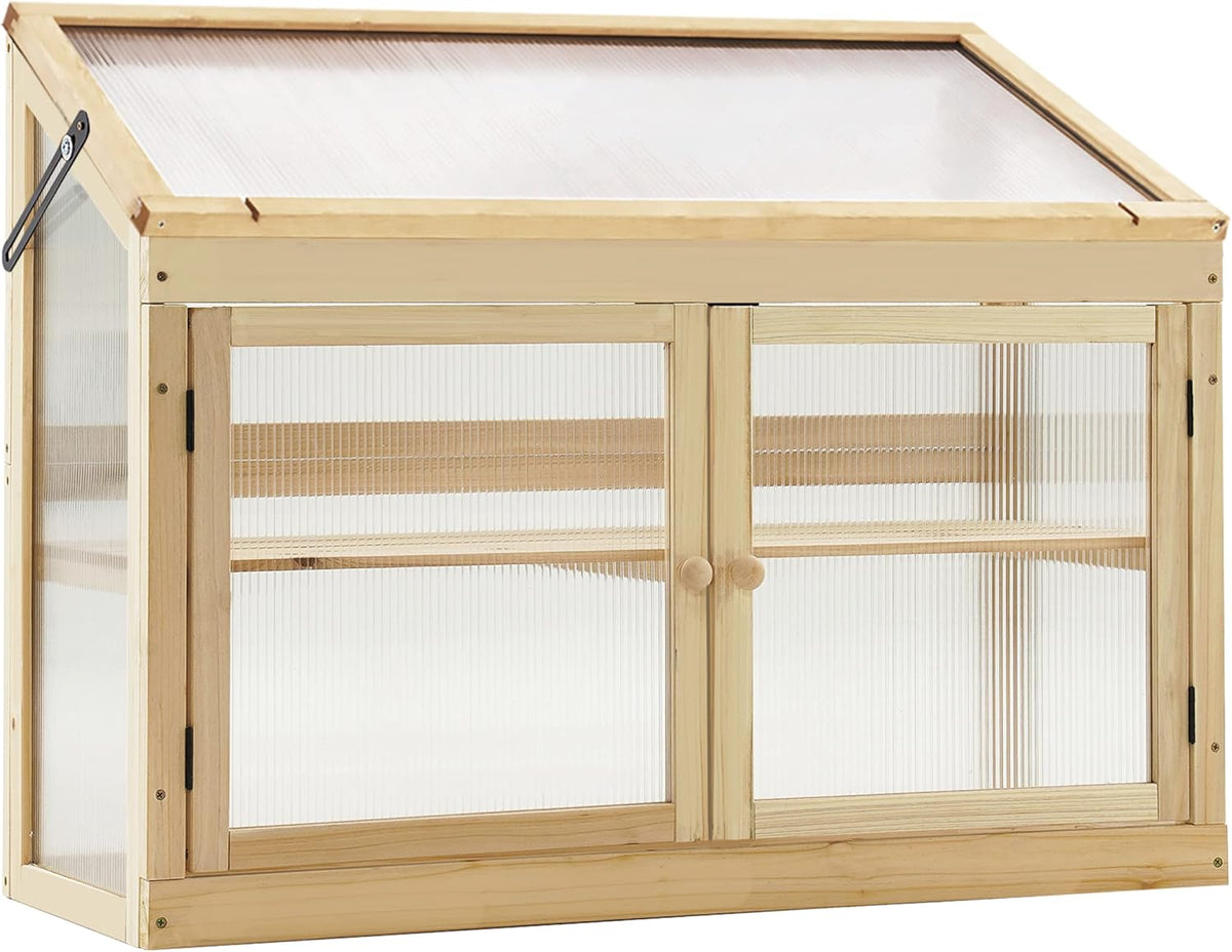 MCombo 2-Tier Wooden Cold Frame Garden Greenhouse Raised Flower Planter Shelf Bed Protection 6057-0160 (Natural)