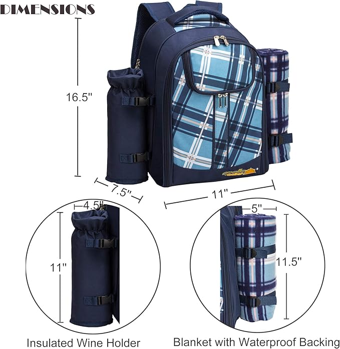Apollo walker Picnic Backpack Set for 4 with Cooler Compartment,Detachable Bottle/Wine Holder Including Large Picnic Blanket(45"x 53") for Picnic Family and Lovers Gifts,Outdoor,BBQ Time (Blue)