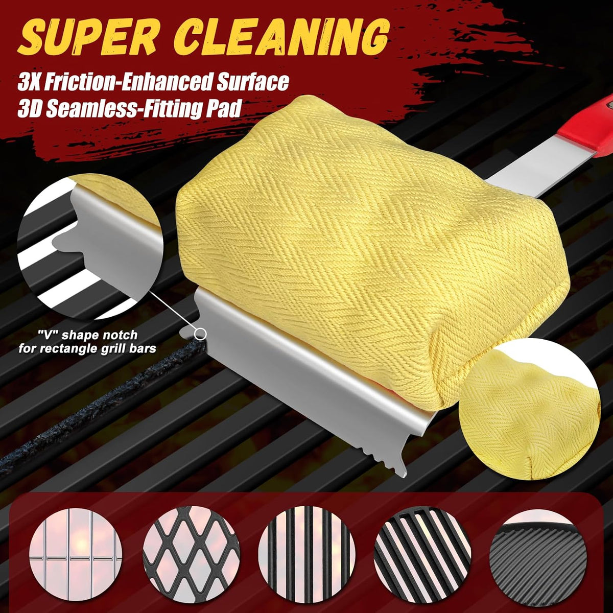 Steam Safe Grill Cleaning Brush Bristle Free and Scraper for Outdoor Grill with 15" Extended Handle, 3X Thick Aramid Fabric Replaceable Brush Heads, Triple-Groove Scraper Design for All Grates, Red