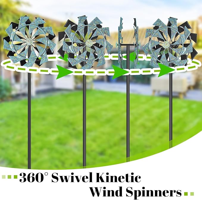59 inch Outdoor Kinetic Wind Spinner, Double Blade Wind Sculpture with 5 Prong Base, Geometric Metal Windmill for Garden, Lawn & Patio Decoration (Blue Gold)
