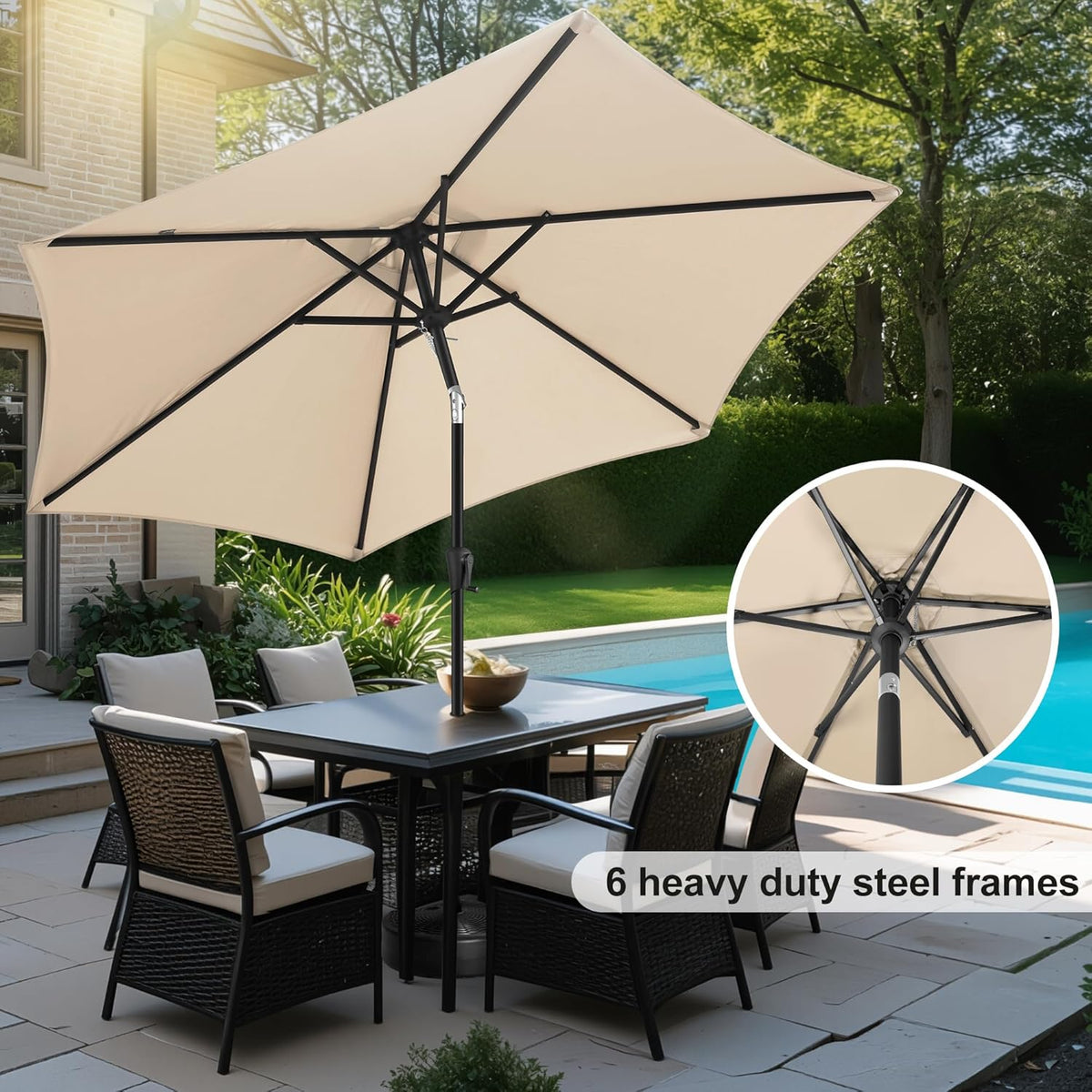 FLAME&SHADE 10ft Patio Umbrella - Outdoor Umbrella with 6 Sturdy Ribs, Push Button Tilt and Crank, UV Protection Table Market Umbrella for Pool, Porch，Garden, Deck, Backyard (Beige)