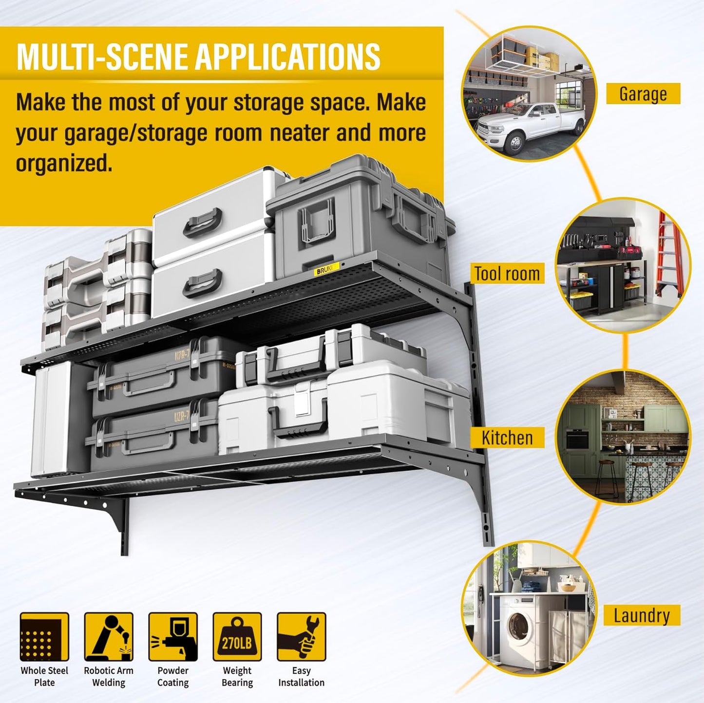 2 Tier 1.3x4ft Garage Shelving Wall Mounted, 400 lbs Load Capacity，15.6x48inch per Shelf Height Cassette Adjustable Floating Shelves(Black)