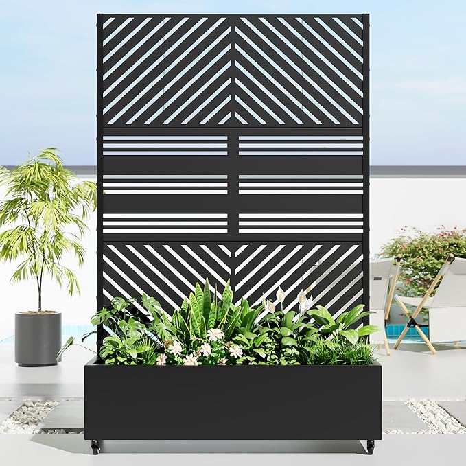 Casaphoria Metal Raised Garden Bed with Trellis and Wheels, 72"x47"x16" Planter Box for Climbing Plants, Vegetables & Vines, Features Drainage Holes and Privacy Screen, Black(Parallel&Harold)