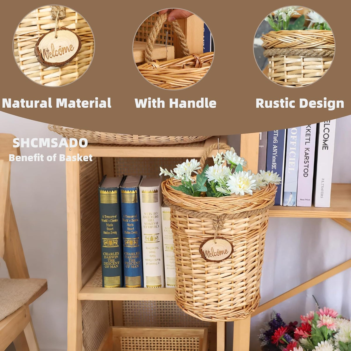 Woven Wicker Hanging Basket Door Hanging Basket Wall Decorations for Home Garden Farmhouse (original)