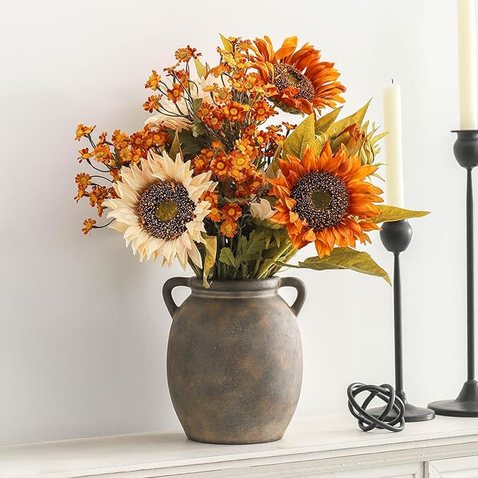 Ceramic Flower Vase 7.6 inch Farmhouse Rustic Vase Decorative Pottery Terracotta Vases for Home Decor Table Mantle Fireplace Living Room Bathroom Wedding Centerpiece (Black)