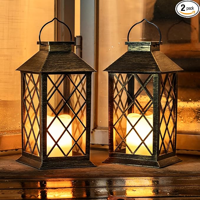 Homemory Solar Lanterns Outdoor Waterproof Hanging with Flickering Flameless Candles, 2 Pack Garden Outdoor Lantern Decorative for Patio Front Porch Backyard Balcony Cabin Outside (Bronze)