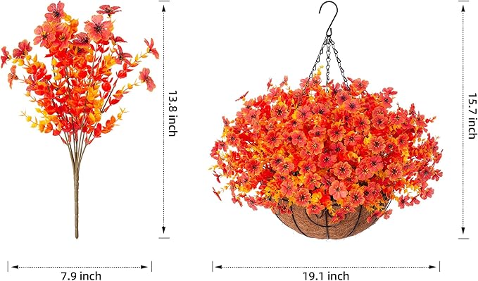 Artificial Fake Fall Autumn Hanging Mums Flowers Plants Basket for Outdoor Outside Decor, Faux Silk Orange Dasiy Flower Look Real UV Resistant for Porch Home Patio Garden Decoration