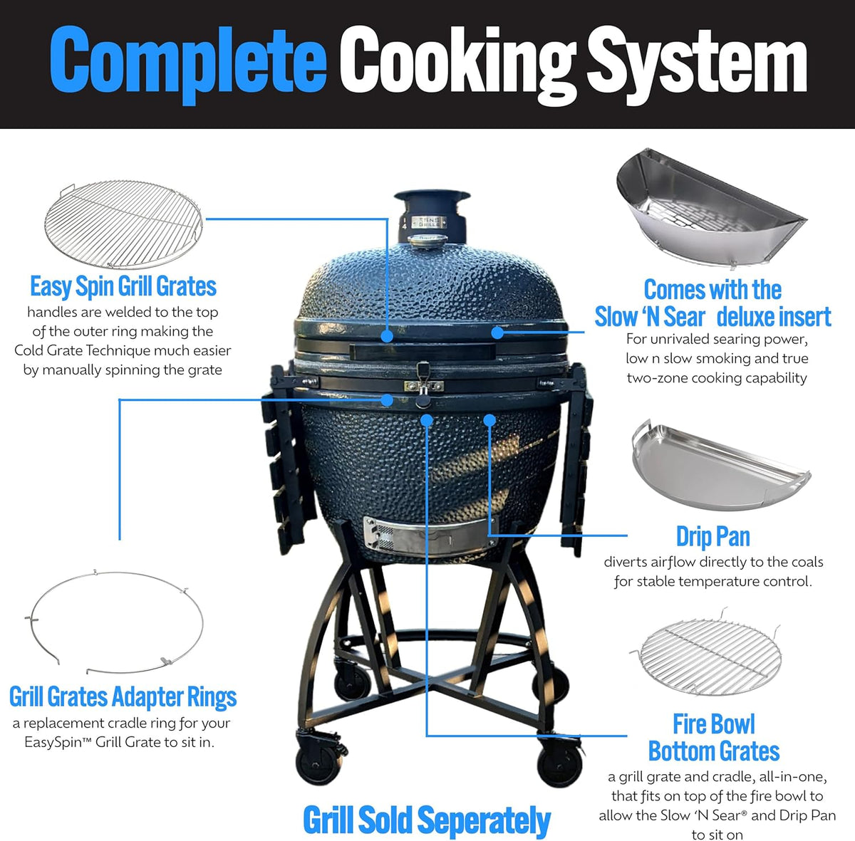 SnS Grills Slow ‘N Sear® 5-Piece Cooking System - Patented Charcoal Basket with Removeable Water Reservoir, EasySpin Grate, Drip Pan for Low ‘N Slow Smoking & Charcoal Grilling on Big Green Egg LG
