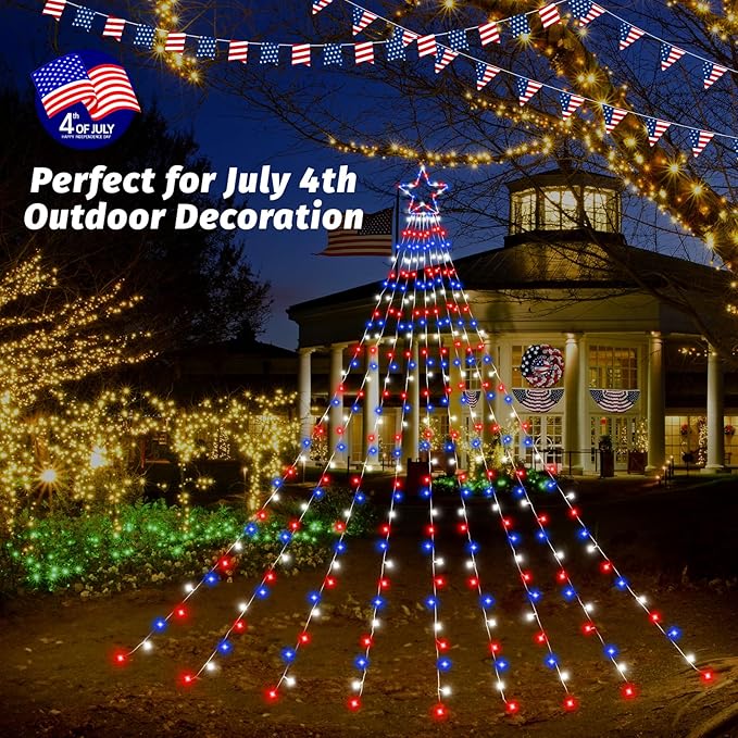 4th of July Decorations Lights, Red White Blue String Lights 320 LED 11.5 Ft Flag Stars Patriotic Light with Big Star Topper Waterproof 8 Light Modes for Indoor Outdoor Memorial Day Independence Day