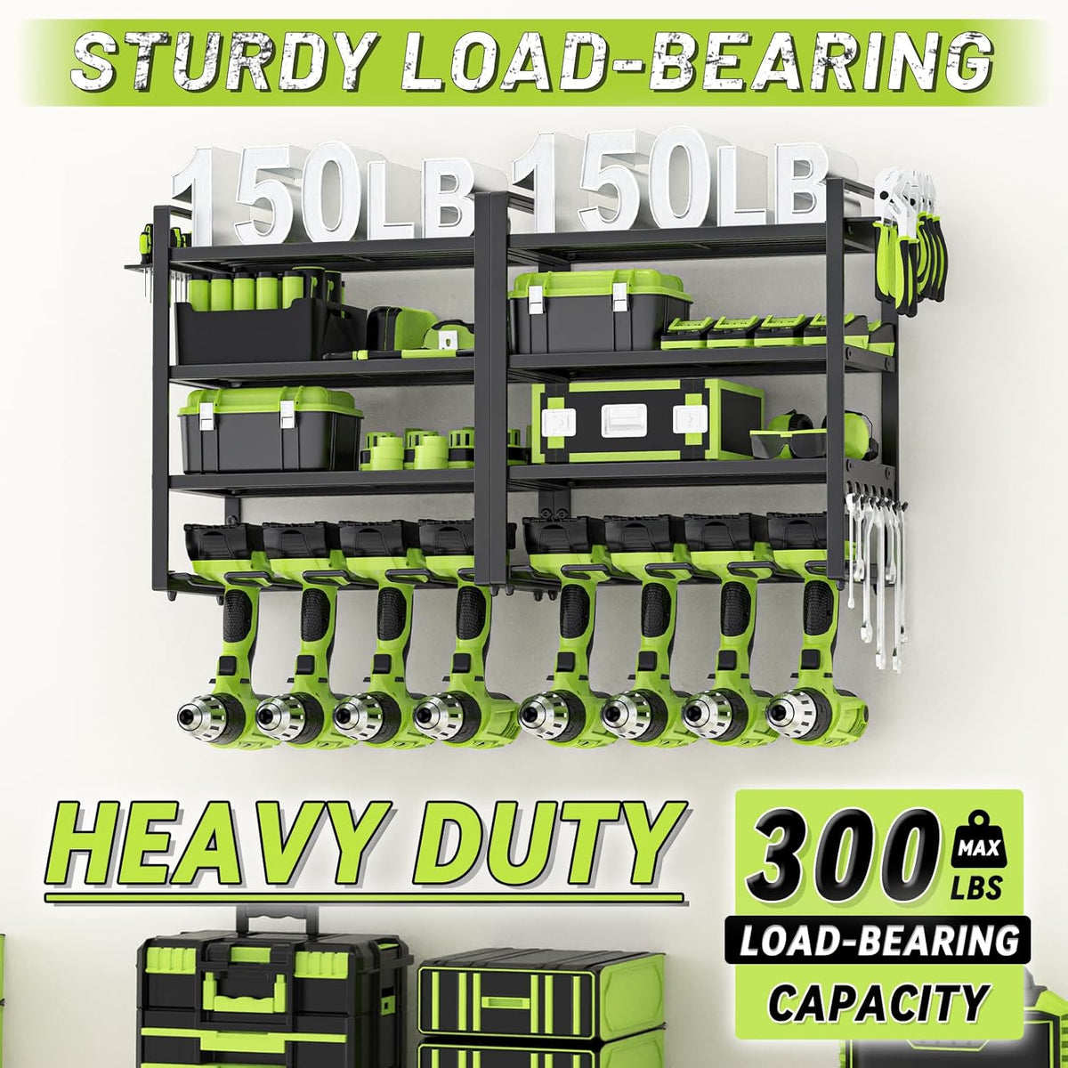 Power Tool Organizer Wall Mount,4 Layers Capacity Heavy Duty Metal Storage Rack with 8 Drill Holders for Drills Cordless Tools,Garage Organizer Suitable Workshop Basement