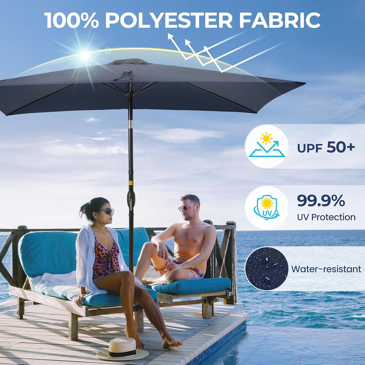 SUNVIVI OUTDOOR Patio Umbrella, 6.5' x 10' Rectangular Patio Umbrella, Metal Pole Square Outdoor Umbrella with Crank and Push Button Tilt, 6 Steel Ribs, Polyester Canopy