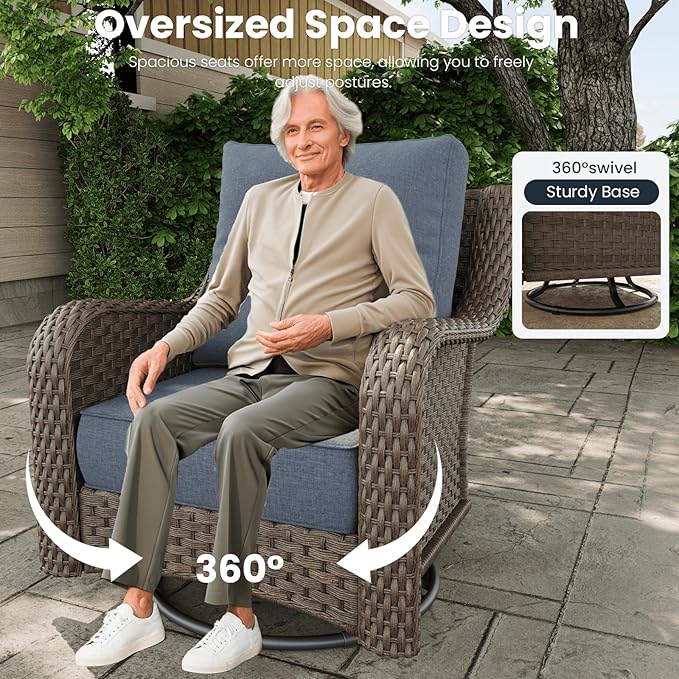 5 Pieces Outdoor Patio Furniture Sets with Rocking Swivel Chairs with 6-inch Thick Cushion and Side Table for Deck Lawn