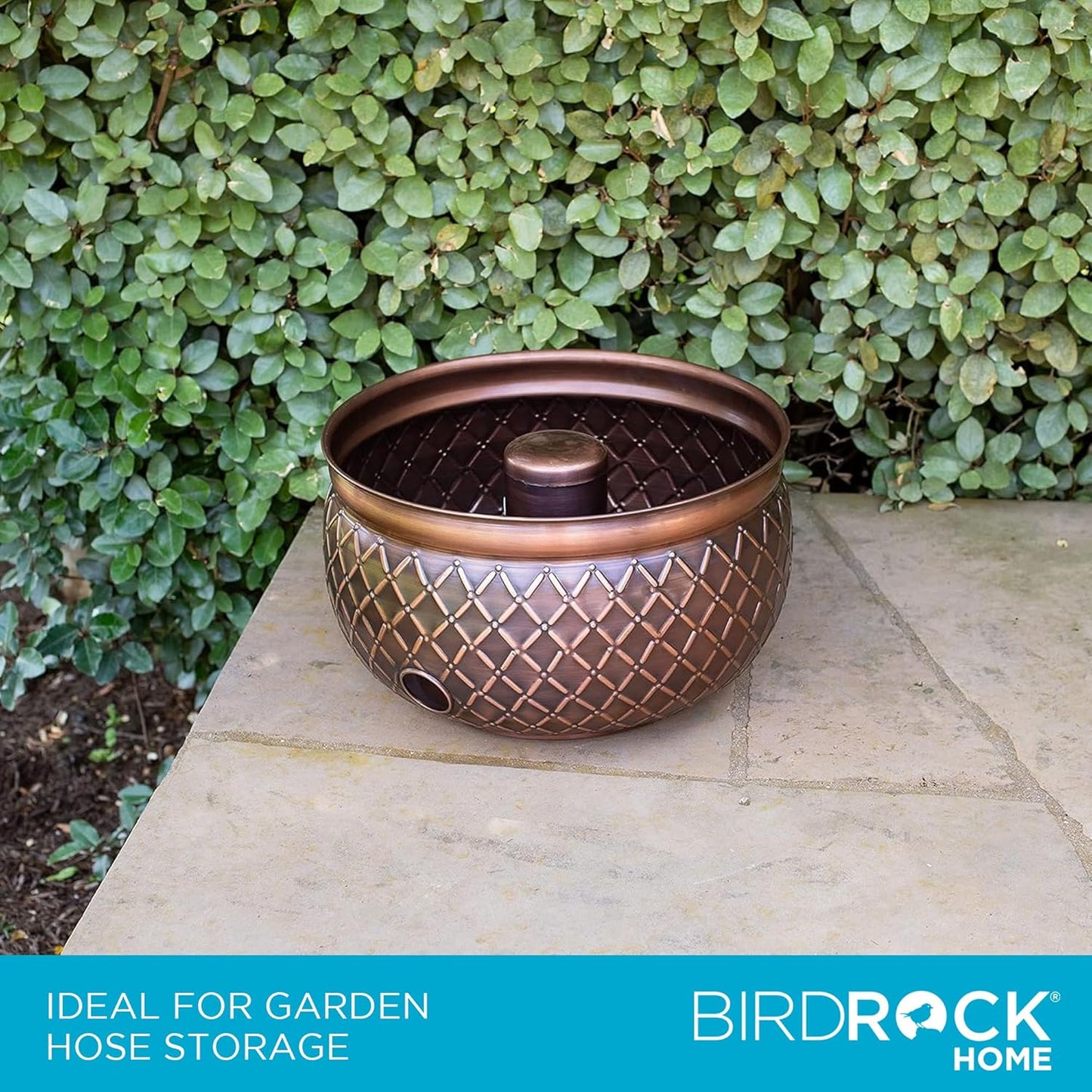 BIRDROCK HOME Water Hose Holder - Decorative Metal Pot, Indoor or Outdoor, Garden Storage Organizer, Patio Portable Bucket - Embossed Steel w/ Copper Accents, Holds up to 100ft Hoses