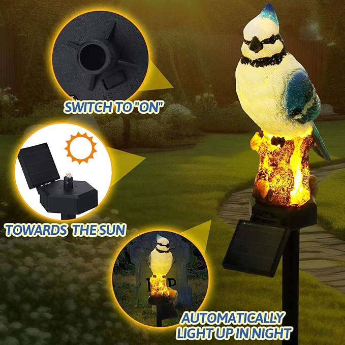 2 Pack Blue Jay Solar Lights Blue Jay Outdoor Decor Bluebird Solar Light Bird Figurine Garden Stake for Pathway Garden Lawn Yard Cemetery Decoration