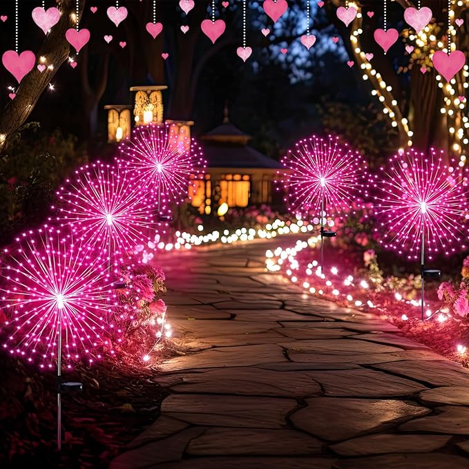 6 Pack Pink Solar Firework Lights 180 LED 8 Lighting Modes Waterproof Outdoor Decorative Solar Lights for Easter Wedding Birthday Garden Patio Yard Pathway Walkway Lawn Decor