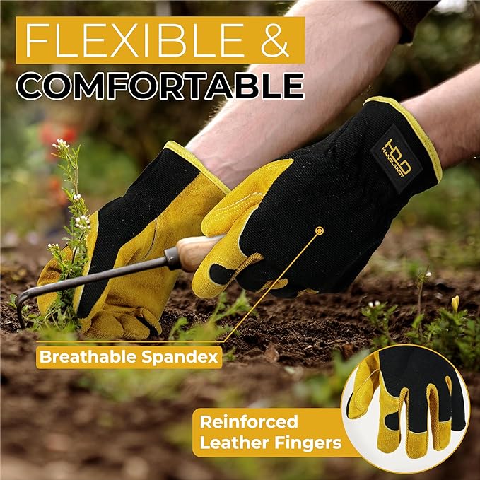HANDLANDY Leather Work Gloves for Men & Women, Reinforced Durable Garden Gloves, Cowhide Working Glove for Gardening